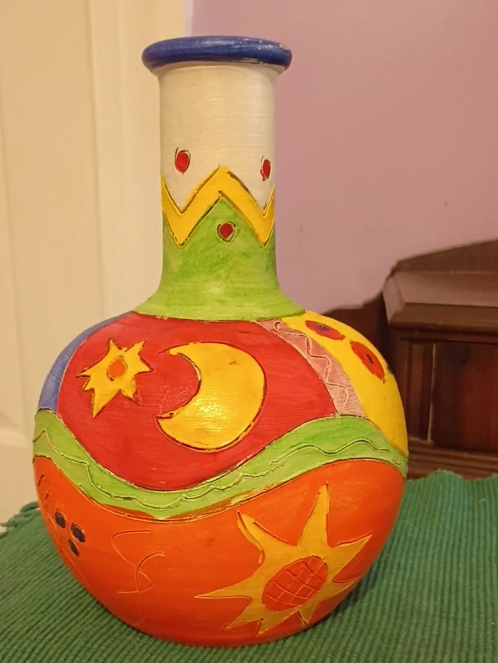 Colorful Hand-Painted Decorative Vase - Sun & Moon Motif